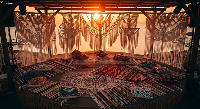 Bohemian style outdoor lounge area with macrame decorations and colorful rugs at sunset