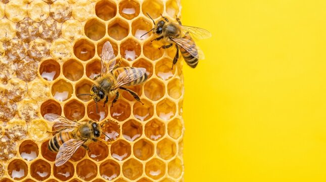 Honey bees on honeycomb with yellow background royal jelly honeycomb wildlife close-up creature agriculture beekeeping backyard propaganda entomology