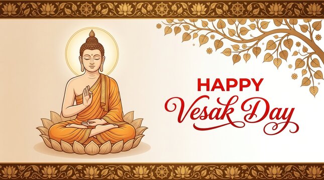 Buddha sitting in meditation on a lotus flower with a floral pattern background for Vesak Day celebration