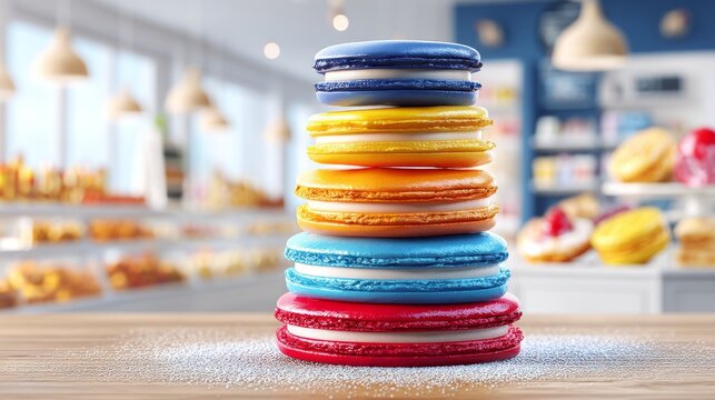 Colorful Macarons Arranged in a Small Tower on a Wooden Table