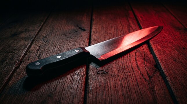 Close-up of a sharp kitchen knife with bloodstains on a rustic wooden table illuminated by a dramatic red light evoking crime and danger dark background self defense violence thriller suspense