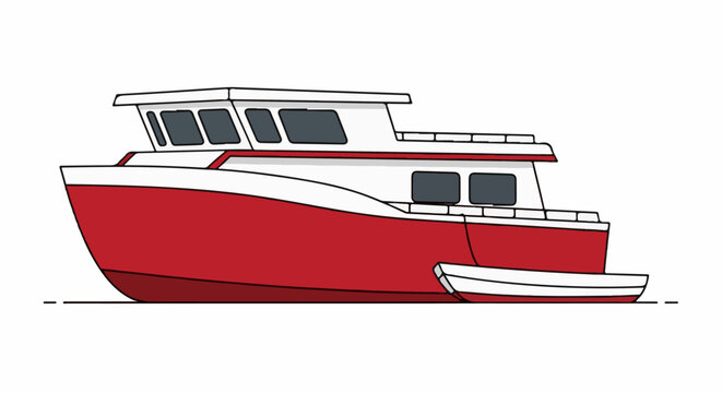 Red and white vessel with a small dinghy tethered alongside