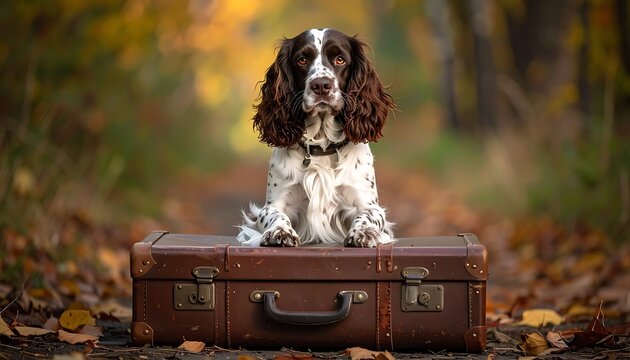 Dog sitting on old brown suitcase.