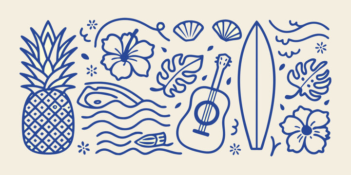 Tropical summer illustration with pineapple hibiscus flowers seashells and ukulele on a beige background