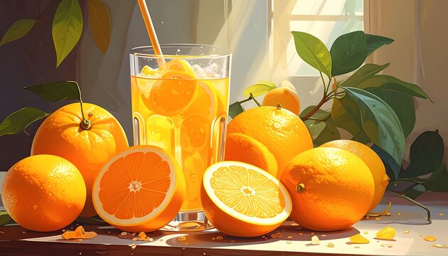 Fresh oranges and juice glass setup.
