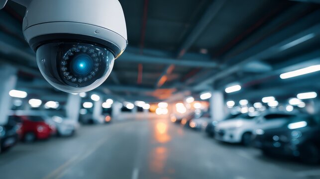 Modern dome security camera mounted in an underground parking garage with blurred vehicle background for surveillance and safety monitoring concepts 4K Video Resolution