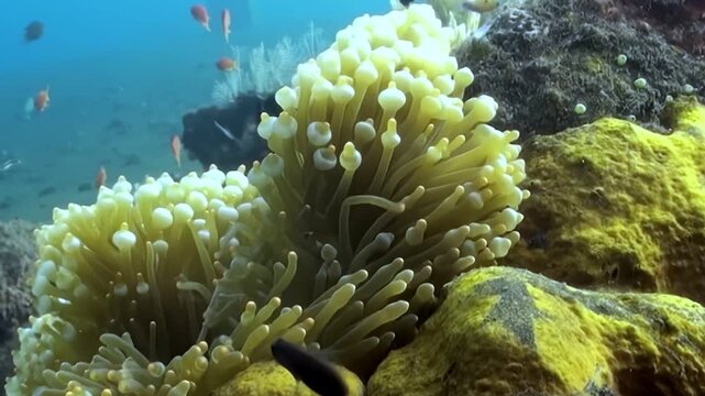 Vibrant Clownfish flutter and frolic among the delicate tentacles of a radiant Anemone. A colorful underwater ballet unfolds beneath the shimmering surface of the vast Ocean.