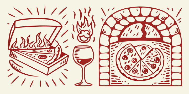 Line drawing of pizza with cheese pull wine glass and brick oven illustration high quality