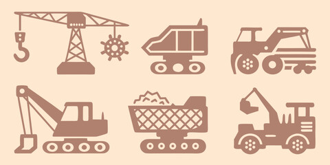 Construction vehicle silhouettes crane dump truck excavator and loader on a beige background high quality © Lalin