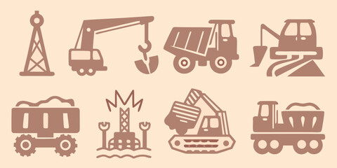 Construction machinery icons set including crane dump truck and excavator in a flat style © Lalin