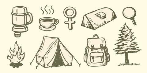 Camping equipment sketch collection with thermos tent backpack and gender neutral restroom symbol high quality © Lalin