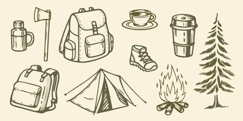 Camping equipment sketch collection with tent backpack and campfire on a beige background high quality © Lalin