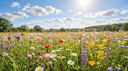 Obraz premium Vibrant meadow filled with various colorful wildflowers blooming under a bright sunny sky during a beautiful summer spring day