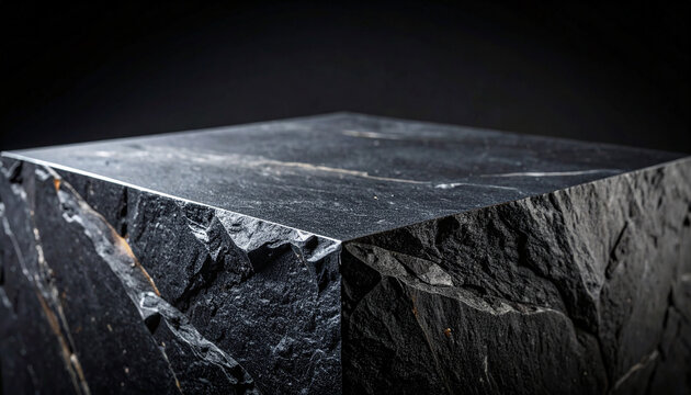 Striking geometric dark stone podium with sharp angular edges and flat smooth display surface, deep charcoal black and dark slate grey tones