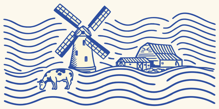 Line art illustration of a dutch windmill american barn and cow in a rural landscape