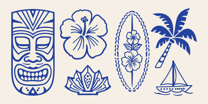 Polynesian tiki mask hibiscus flowers and tropical elements in a blue line art style