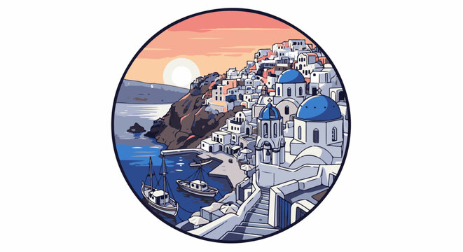 Pixel art depiction of a coastal village with white buildings and blue domes at sunset