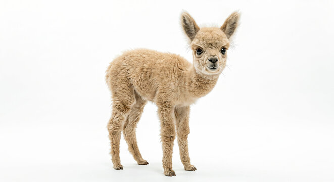 Close-up Portrait of a Cute Fluffy Alpaca Isolated on White Background