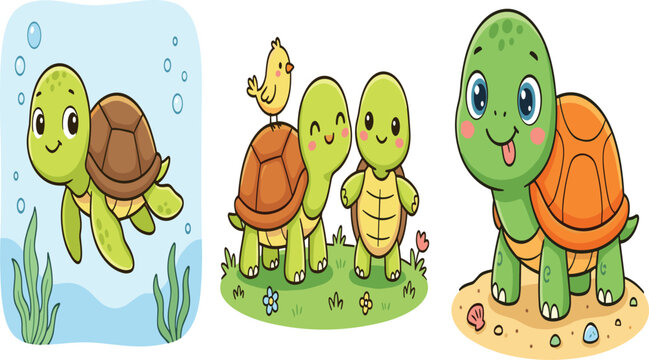 Kawaii Cartoon Turtle Character Set Swimming Underwater Standing On Grass And Sandy Beach With Baby Bird Friend