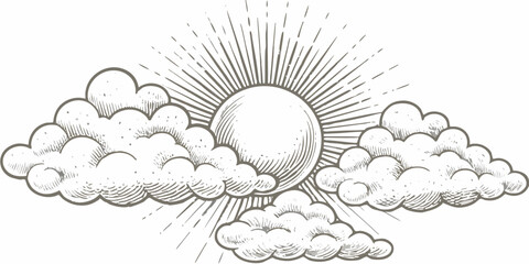 Hand drawn sun bursting through clouds vintage style sketch illustration on white background high quality © Lalin