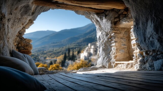 Serene View from a Monastery Sleeping Chamber with Raised Platform