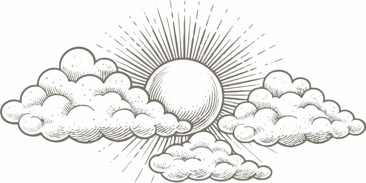 Hand drawn sun bursting through clouds vintage style sketch illustration on white background high quality