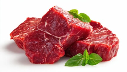 Obraz premium Fresh Red Meat Cuts with Green Basil Leaves on White Background