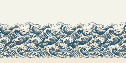 continuous hand drawn wave pattern stylized ocean waves in blue and white high quality professional © Lalin