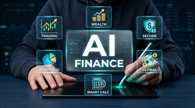 Person touching a digital screen displaying 'AI finance' with interactive icons related to trading wealth management security portfolio analysis smart calculations AI finance artificial intelligence