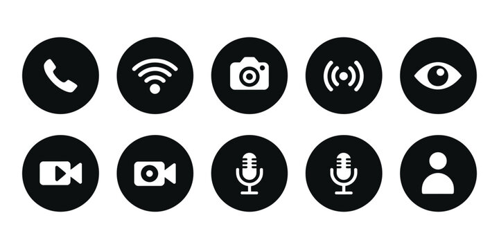 Website interface button icon set featuring phone call, photo camera, user pictogram, microphone mute and video call symbols vector illustration for apps and UI design.