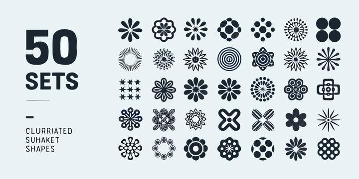 Collection of fifty black vector geometric shapes and floral designs on a light gray background