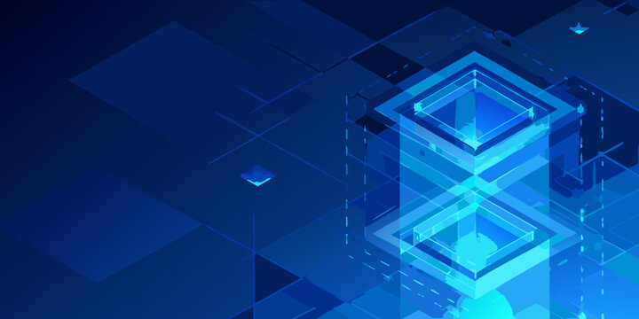 Abstract blue geometric forms with stacked cubes and intersecting lines digital illustration high quality professional