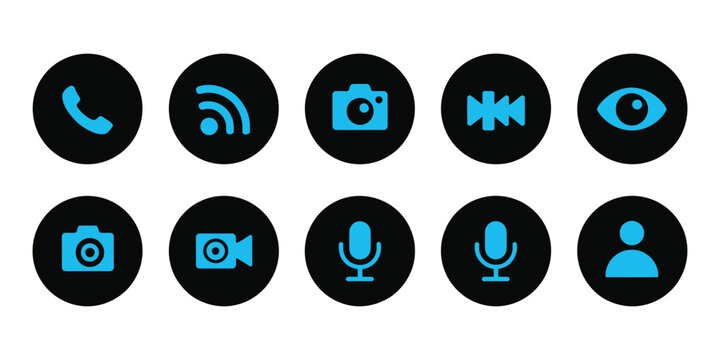 Website interface button icon set featuring phone call, photo camera, user pictogram, microphone mute and video call symbols vector illustration for apps and UI design.