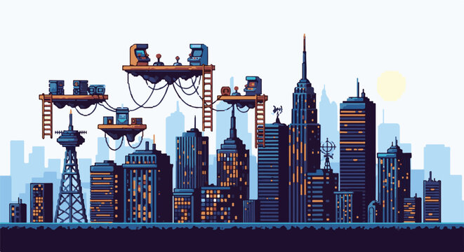 Pixelated cityscape with floating platforms, arcade games, and sun