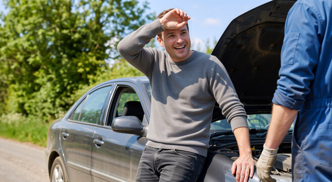 Man smiling after car repair on the side of the road. Driver relieved to have his vehicle fixed by a mechanic