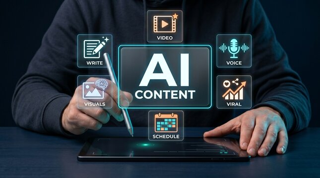 Person interacting with a virtual screen displaying 'AI content' along with holographic icons representing written content production voice generation data analysis AI content artificial intelligenc