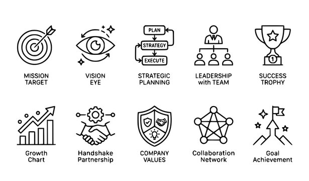 Business Leadership and Corporate Values Outline Icons &ndash; Thin Line Teamwork Strategy Vector Set
