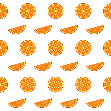 Seamless citrus pattern featuring orange slices and half segments. Bright fresh fruit vector background ideal for summer design, packaging, textile, and wallpaper use.