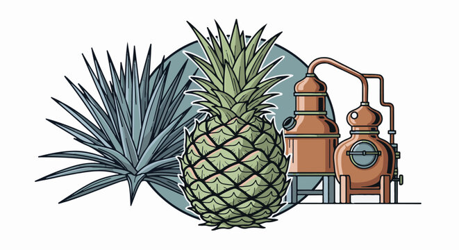 Pineapple and agave plant next to a copper distillation apparatus