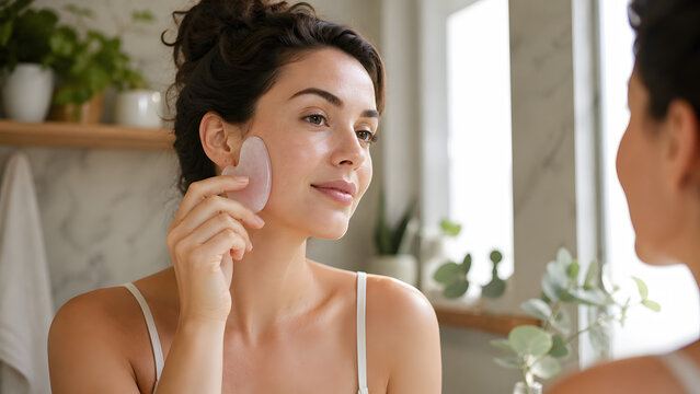 Beautiful woman using rose quartz gua sha for facial massage and clear skin