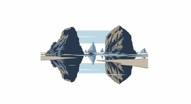 Pixelated sea stacks reflected in calm water under a pale sky