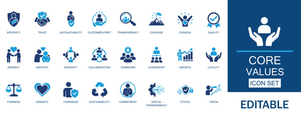 Core values and corporate culture icons set. Includes business ethics, integrity, trust, teamwork, leadership, collaboration, transparency, and sustainability assets. © Smart Icon Lab