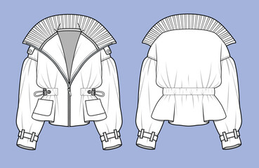 Ladies anorak jacket flat sketch vector mockup template technical illustration. © Clothing Design