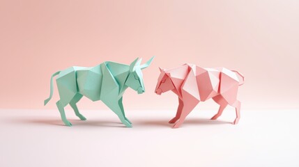 Obraz premium Origami bulls, teal and pink, face each other. Minimalist style, soft background creates calm composition. Simple geometry, paper art.