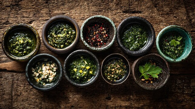 Chimichurri served in multiple small bowls arranged loosely like a tasting set, each with unique ingredient mix