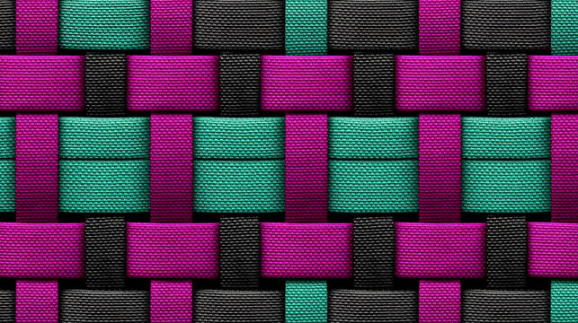 Close up macro view of colorful woven fabric texture with purple teal and black intertwined threads