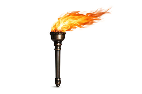 Burning torch with bright orange fire flame isolated on white