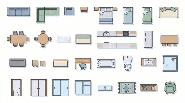 Minimal 2D Floor Plan Elements Set Top View Soft Color Architectural Furniture Layout Vector Flat Design