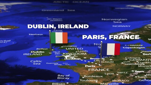 Flight From Paris FRANCE to Dublin IRELAND with flag pins
