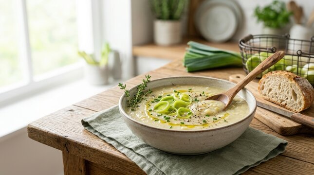 Potato leek soup with fresh garnish and crusty bread. Creamy vegetable soup in a bowl with a wooden spoon. Healthy homemade national dish